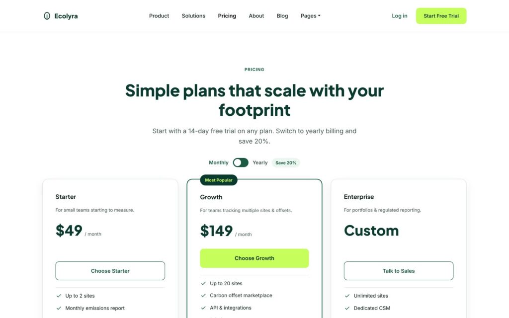 Ecolyra pricing page