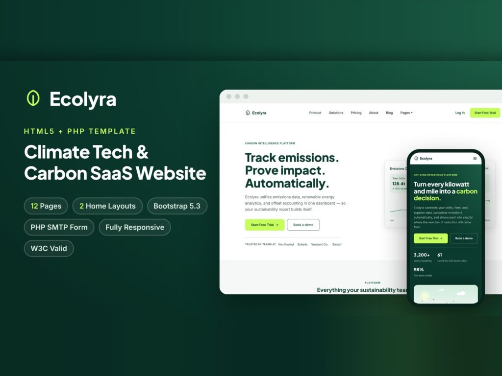 Ecolyra – Climate Tech & Carbon SaaS HTML Template